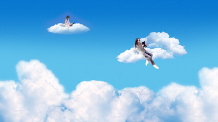 Playful mixed media. People working remotely on clouds in blue sky. Concept of digital nomad lifestyle, online collaboration, freedom of location, creative work culture, and virtual connection.