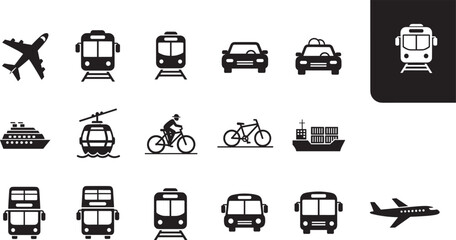 Large set of black transportation and logistics icons including airplane train car bus ship and bicycle isolated on white background for travel and commerce designs © Shuvo's World
