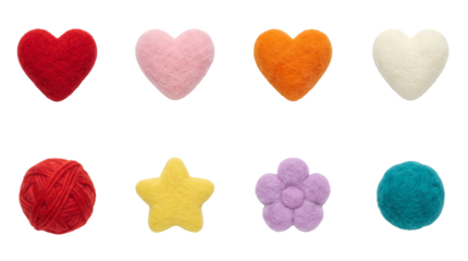 Needle felted wool shapes set including red pink orange and white hearts ball star and flower isolated. Crafting and hobby materials collection.
