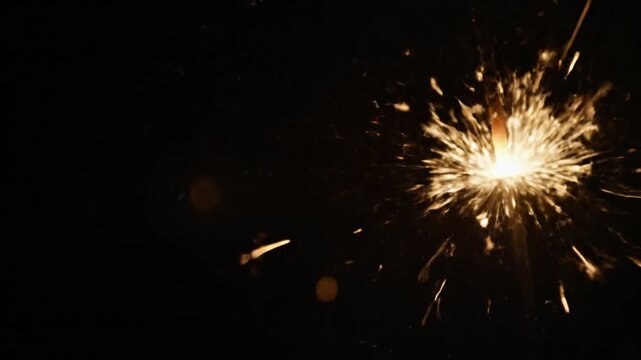 A dynamic close-up animation of a single burning sparkler emitting a powerful shower of golden sparks, a perfect concept for an energetic celebration intro