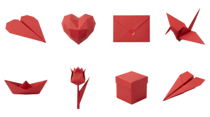 Red origami paper craft set including heart, crane, boat, tulip, envelope, box, and airplane isolated. Romantic handmade decoration and hobby collection.