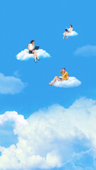 Graphic mixed media remote workers sitting on separate clouds in blue sky. Concept of global workforce, virtual teamwork, independent schedules, digital communication, and online collaboration.