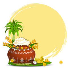 Decorated pongal pot with overflowing rice and sugarcane vector illustration