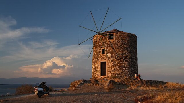 Balıkesir, T&uuml;rkiye. Cunda's historic traditional windmills. 4k video	
