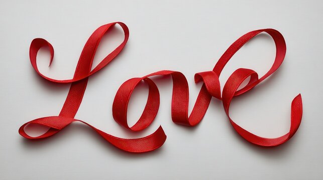 Red ribbon spells the word love beautifully on a light background