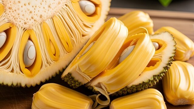 Freshly cut ripe jackfruit revealing its vibrant yellow pods and seeds.