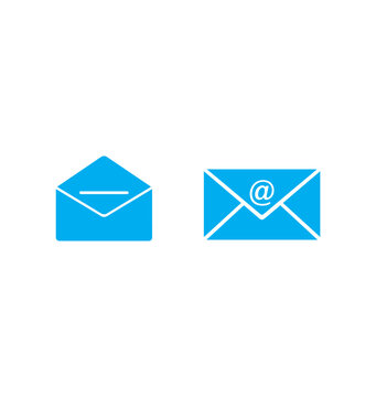 Two distinct blue email symbols, including an open and a closed envelope featuring the at sign, are isolated on a white background for digital.