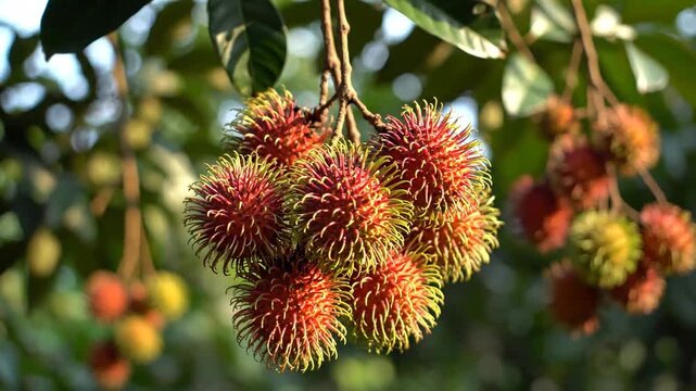 Close-up cinematic shot of ripe rambutan fruits hanging in a lush, green tropical tree orchard showcasing their exotic texture.