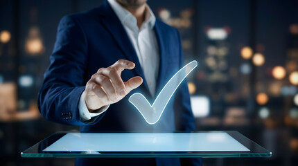 A person in a dark blue suit is holding a transparent screen displaying a green checkmark, indicating approval