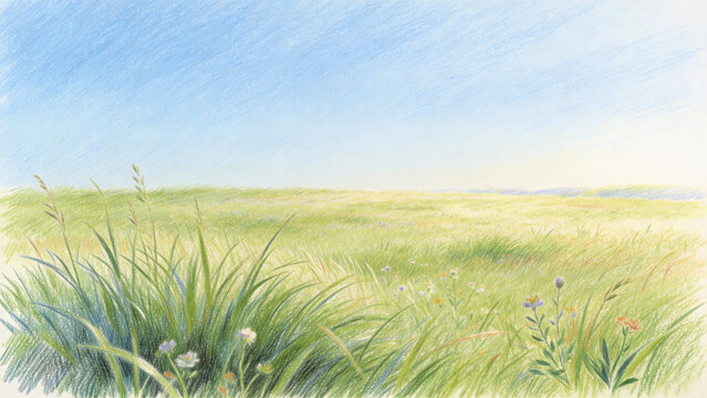 Wide open grassland colored pencil illustration with soft sky
