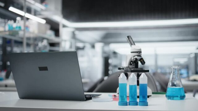 Scientific gear in research facility used for complex experiments. Empty high tech laboratory workstation with genetic research lab equipment, microscope device and laptop