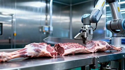 Automated guided saw with robotic arm in motion showcasing innovative technology that combines efficiency and consistency in splitting meat carcasses in a clean industrial