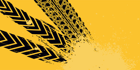 Grunge car tire marks on yellow background with splashes, template for business card with copy space. Vector illustration. © aam