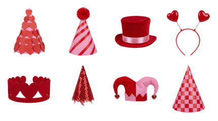 Valentine's Day party hat set including cone hats, headband, crown, top hat, and jester cap isolated. Romantic celebration accessories and photo booth props collection.