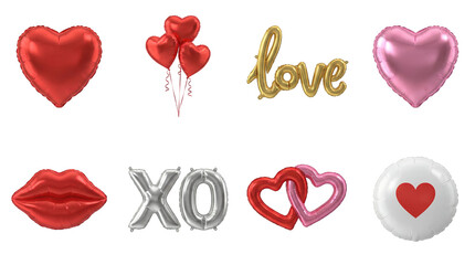 Valentine's Day balloon set including red hearts, gold love script, silver xo, lips, and linked heart shapes isolated. Festive party and romantic celebration collection.