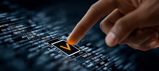 Interactive Technology User Engaging with Touchscreen, Accept Button, and Validation Checkmark.