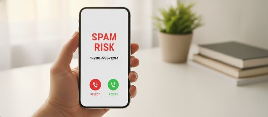 Hand holding a modern smartphone displaying an incoming call marked as spam risk, with options to reject or accept the potentially fraudulent call, illustrating digital security concerns