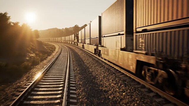 Long train carrying cargo containers on tracks at sunset with sun flare