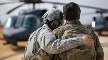 Obraz premium Faceless military medic aiding soldier on battlefield with helicopters background, combat medical assistance, emergency field care scene, with copy space