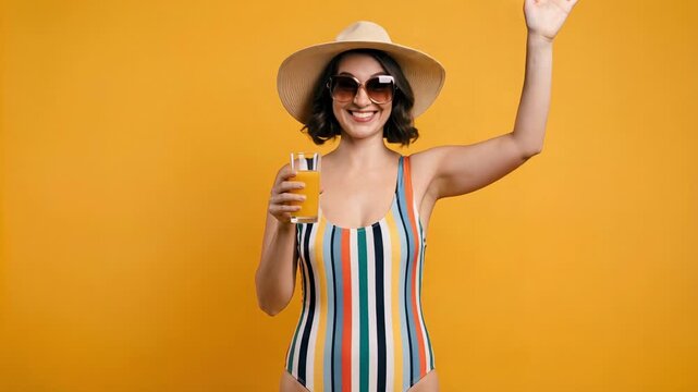 Cheerful young woman in swimwear sipping fresh fruit juice and waving hand happily isolated on a solid yellow background summer vacation concept 4k video footage