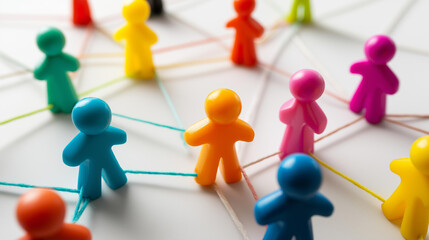 Obraz premium Top-down view of multicolored toy people connected by threads creating web-like pattern, white background emphasizing vivid colors, playful design, with copy space
