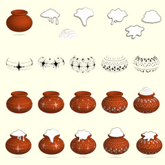 Pongal festival clay pot set with overflowing rice, multiple design vector illustrations