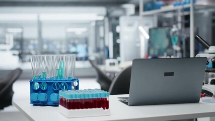 Close up of laptop on laboratory workbench next to scientific microscope and blue liquid samples. Research station prepared for analyzing experimental data from chemical solution tests - Powered by Adobe