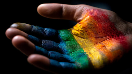 Faceless colorful hand painted with rainbow stripes promoting inclusivity and diversity, vibrant artistic expression, pride visualization, with copy space