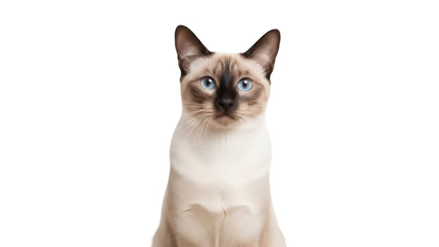 Elegant Siamese cat PNG isolated on transparent background, beautiful purebred feline with blue eyes and distinctive colorpoint coat, pet portrait