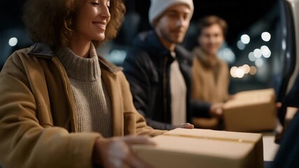 A group of coworkers participating in a corporate winter donation event, loading boxes of hygiene kits and thermal wear into a van destined for a nearby outreach center. cinematic color correction,