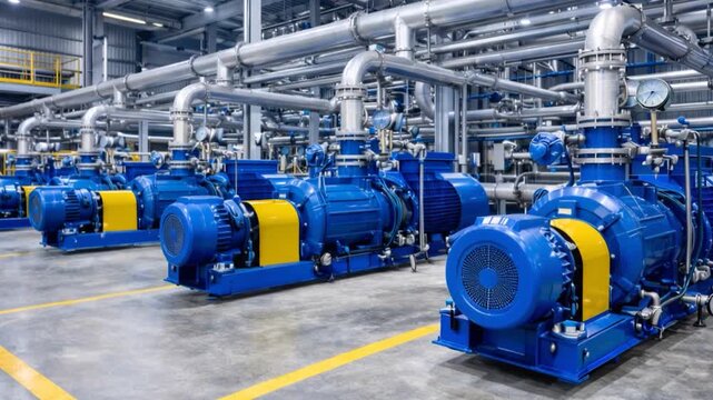 Industrial pump and piping system at a chemical processing plant facility.

