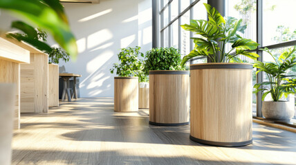 Modern eco office recycling station with labeled bins and natural design elements