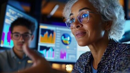 Senior woman and young male analyst collaborating on ESG report visuals in tech-driven office