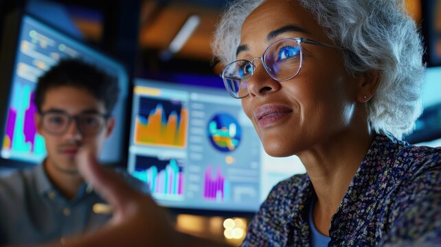 Senior woman and young male analyst collaborating on ESG report visuals in tech-driven office - Powered by Adobe
