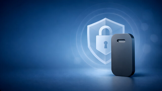 Passwordless Authentication Security Token with Shield and Padlock Concept on Blue Background, 3D Render
