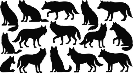 Fototapeta premium Wolf Silhouette Vector Set. Featuring diverse canine poses standing, walking, sitting, reclining, and howling. Ideal for wildlife designs, forest illustrations, and wilderness themes. Vector graphic.