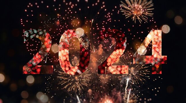 Happy New Year celebration with bold 2024 typography,bright fireworks,bokeh lights and a festive dark background,ideal for holiday banners and event promotions - Powered by Adobe