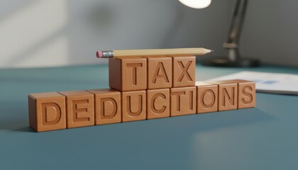 Wooden blocks spelling out tax deductions representing financial strategies and smart planning for reducing income liability, preparing for tax season