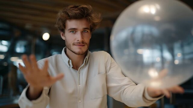 A physics teacher demonstrating friction by rubbing a balloon on fabric, static charge lifting hair in a fun visual experiment &mdash; STEM education, accessibility, and hands-on learning. cinematic