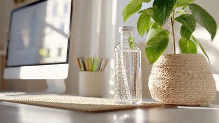 Minimalistic eco-friendly workstation with vertical monitor and natural accessories in bright indirect sunlight