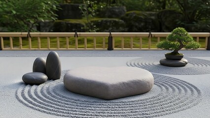 Obraz premium Tranquil Japanese Zen Rock Garden with Bonsai and Stones Isolated background
