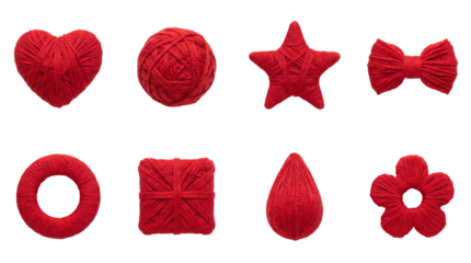 Red yarn craft set including heart, ball, star, bow, ring, square, drop, and flower shapes. Handmade fiber art and textile decoration collection.