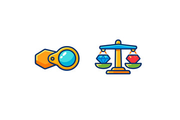 Game icons: magnifying glass and balance scale with gems