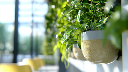 Modern conference room in eco-certified building featuring recycled chairs and smart lighting