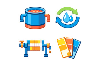 Four stylized icons with glowing effects