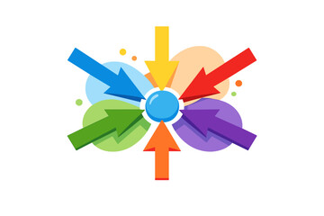Arrows converging on a central blue orb with colorful background