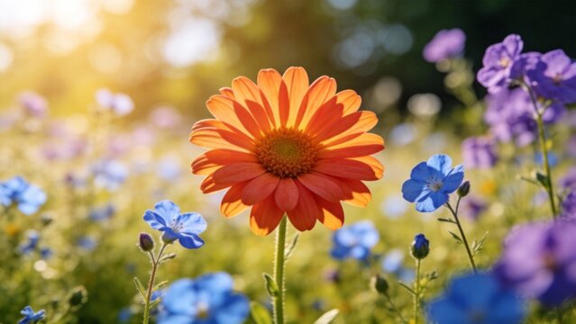 Orange flower in a field of blue and purple blooms - Powered by Adobe