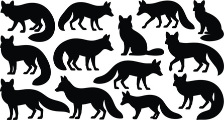 Obraz premium Fox Silhouette Vector Set. Featuring various vulpine poses standing, walking, sitting, and resting. Ideal for wildlife designs, woodland illustrations, and nature-themed projects. Vector graphic.