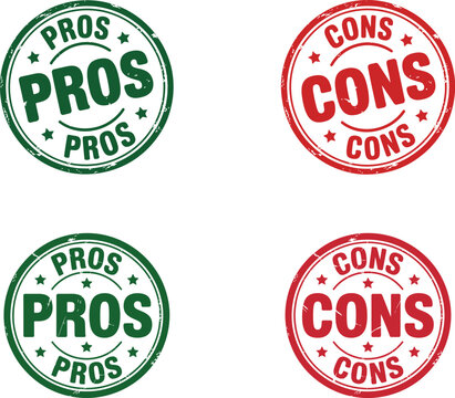 Pros Cons Rubber Stamp Set. Featuring green PROS and red CONS circular seals with a textured effect. Illustrating advantages, benefits versus disadvantages, drawbacks. Vector graphic elements.
