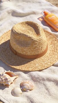 Straw Hat, Seashells, and Sunscreen Bottle on White Towel at the Beach, Summer Essentials.